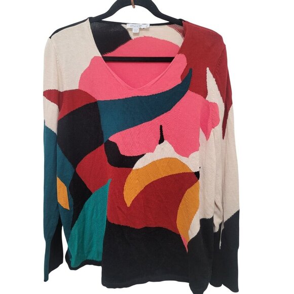 Chicos Abstract Multicolor V-Neck Long Sleeve Sweater XL Cotton & Rayon Blend - Picture 1 of 9